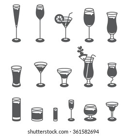 Alcohol glasses. Set of Black Icons.
Different types of alcohol glasses.