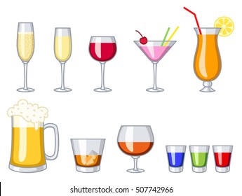 Alcohol glasses set, drinks vectors set, wine, champagne, cocktail, whiskey, cognac, beer.