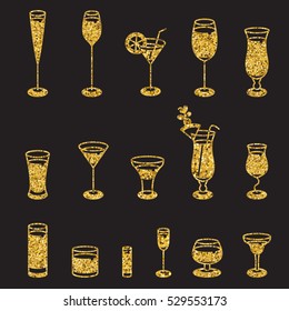 Alcohol glasses. Set of golden glitter icons.
Different types of alcohol glasses.