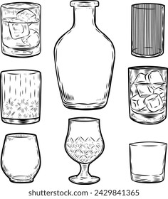 Alcohol glasses set line drawing illustration.