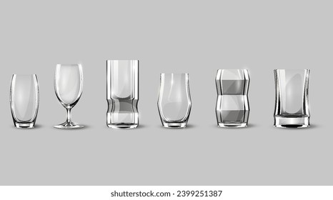 Alcohol glasses set. Transparent empty realistic mockup stemware for different drinks. Vector illustration