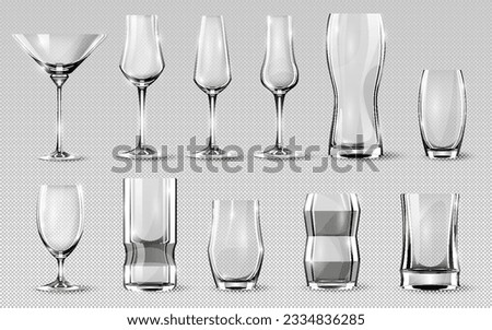 Alcohol glasses set. Transparent empty realistic mockup stemware for different drinks. Vector illustration