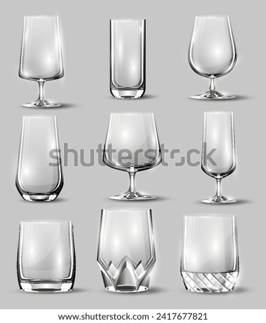 Alcohol glasses set. Transparent empty realistic mockup stemware for different drinks. Vector illustration