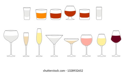 Alcohol glasses of wine, martini, champagne, rum, whiskey, cognac, brandy, scotch drink glasses, vodka and tequila shots. Bar cocktail booze. Vector illustration.