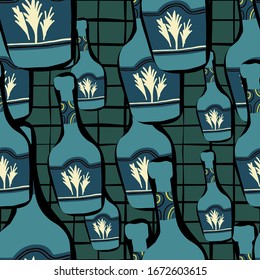 Alcohol green bottles backdrop in doodle style. Vintage glass bottle seamless pattern on stripes background. Design for fabric, textile print, wrapping paper, bar menu. Modern vector illustration