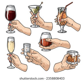 Alcohol in hand colorful set stickers with glasses filled with wine or whiskey and vodka cocktails vector illustration