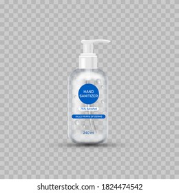 Sanitizador de gel de mano de alcohol. Frasco de gel antibacteriano. Icono 3d transparente realista. Vector