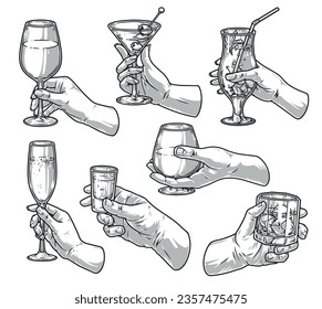 Alcohol in hand set stickers monochrome drinks in glassful filled with wine or whiskey and martini with vodka vector illustration