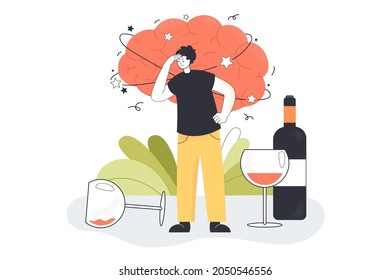 Alcohol hangover of drunk man with strong migraine, headache. Addicted character standing among wine glasses, bottle, dizzy sick brain flat vector illustration. Problem of alcohol addiction concept