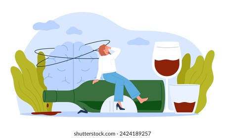 Alcohol hangover, headache and dizziness in addict. Tiny addicted tired woman with bad toxic habits suffering from dizzy brain and migraine, sitting on big wine bottle cartoon vector illustration