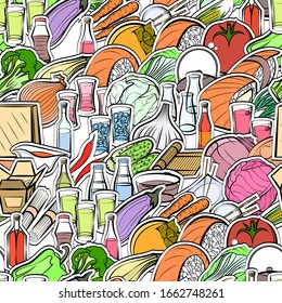 Alcohol, Healthy food and Japanese food pattern. Background for printing, design, web. Seamless. Colored.