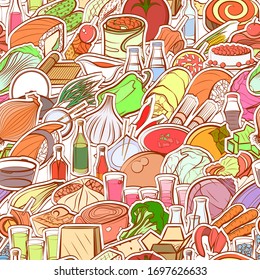 Alcohol, Healthy food, Japanese food and Snacks pattern. Background for printing, design, web. Seamless. Colored.