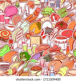 Alcohol, Healthy food, Japanese food and Snacks pattern. Background for printing, design, web. Seamless. Colored.