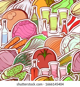 Alcohol and Healthy food pattern. Background for printing, design, web. Seamless. Colored.