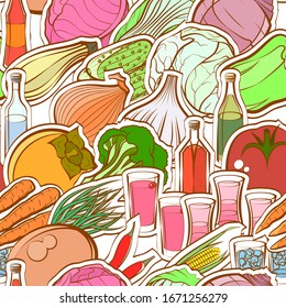 Alcohol and Healthy food pattern. Background for printing, design, web. Seamless. Colored.