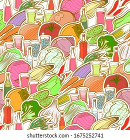Alcohol and Healthy food pattern. Background for printing, design, web. Seamless. Colored.