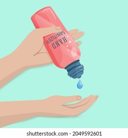 Alcohol  hygienic gel,  liquid antiseptic soap for hands. Sanitizer to protect against germs, bacteria and viruses. Skin care. Antibacterial formula.Vector illustration for medical design. 