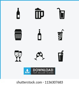 Alcohol icon. collection of 9 alcohol filled icons such as bottle, cocktail, drink, glasses clink, clink glasses, wine glass. editable alcohol icons for web and mobile.
