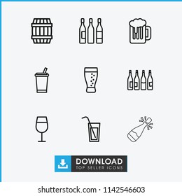 Alcohol icon. collection of 9 alcohol outline icons such as bottle, barrel, cocktail, drink, wine glass, soda, cocktail, beer. editable alcohol icons for web and mobile.