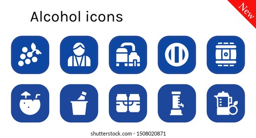 alcohol icon set. 10 filled alcohol icons.  Simple modern icons about  - Grapes, Bartender, Beer, Soda, Barrel, Coconut water, Champagne, Juice