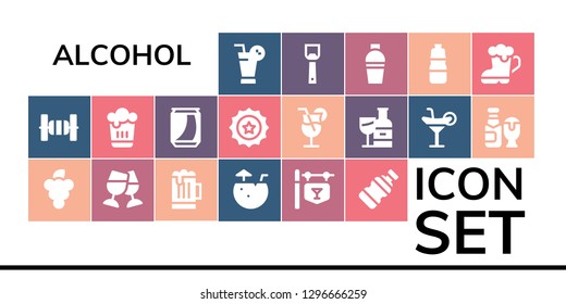  alcohol icon set. 19 filled alcohol icons. Simple modern icons about  - Juice, Bars, Grapes, Toast, Beer, Coconut water, Bar, Bottle, Can, Beer cap, Cocktail, Wine bottle, Bottle opener