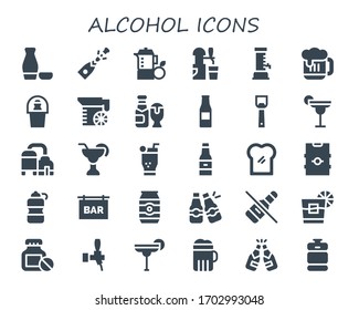 alcohol icon set. 30 filled alcohol icons.  Simple modern icons such as: Sake, Champagne, Juice, Beer, Beer bottle, Bottle opener, Cocktail, Mojito, Toast, Bottle, Bar, Can, Beers