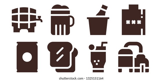 alcohol icon set. 8 filled alcohol icons.  Collection Of - Soda, Beer, Toast, Mojito, Champagne, Hip flask