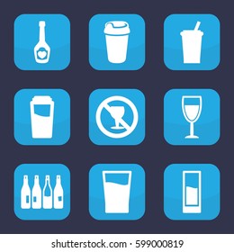 alcohol icon. Set of 9 filled alcohol icons such as bottle, drink, no alcohol, champagne bottle with heart