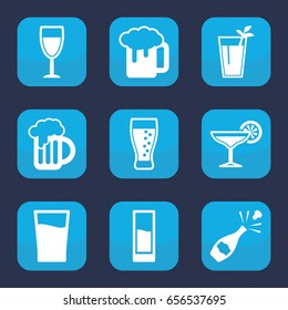 Alcohol icon. set of 9 filled alcohol icons such as beer mug, drink, cocktail, soda, wine glass