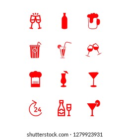 alcohol icon set about red wine glass, hours, cocktail glass and cocktails vector set