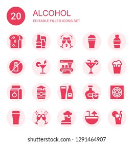 alcohol icon set. Collection of 20 filled alcohol icons included Toast, Beer, Scotch, No liquids, Cocktail, Bottle, Juice, Beer can, Whiskey, Cooler, Lemonade