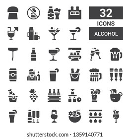 alcohol icon set. Collection of 32 filled alcohol icons included Juice, Bottle rack, Coconut drink, Beer, Champagne, Drink, Cocktail, Bottle, Grapes, Beer tap, Beverage, Barman