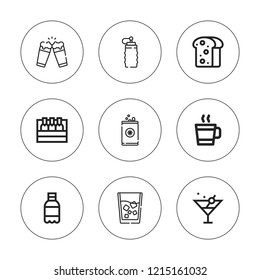 Alcohol icon set. collection of 9 outline alcohol icons with beer, bottle, hot drink, martini, toast icons. editable icons.