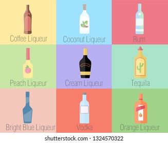 Alcohol icon set in flat disco design style.