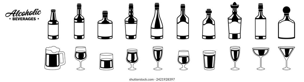 Alcohol icons. Bottle and glass icon set. Alcohol drinks. Alcoholic beverages.