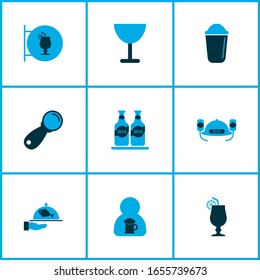 Iconos de alcohol coloreados con alveolo, palanca, martini y otros elementos de pescado. Iconos de alcohol de ilustración vectorial aislada.