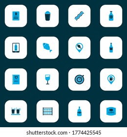 Iconos de alcohol coloridos con ron de élite, shaker, margarita y otros elementos de pub. Iconos de alcohol de ilustraciones vectoriales aisladas.