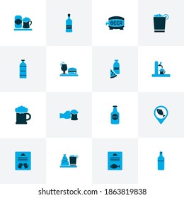 Alkoholsymbole, gefärbt mit Geolocation, Flasche Wein, Bierfass und anderen Rumelementen. Isolierte Vektorgrafik von Alkoholsymbolen.