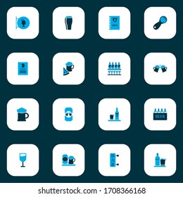 Alcohol icons colored set with glass of beer, can of beer, ale box and other nutrition elements. Isolated vector illustration alcohol icons.
