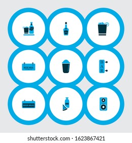 Alcohol icons colored set with shaker, beverage, whiskey with ice and other vodka bottle elements. Isolated vector illustration alcohol icons.