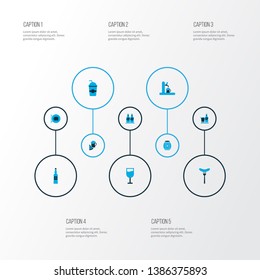 Alcohol icons colored set with vodka, beverage, tap and other beer elements. Isolated vector illustration alcohol icons.