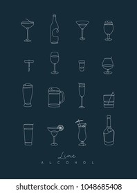 Alcohol icons hand drawing with pen lines on dark blue background