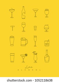 Alcohol icons hand drawing with pen lines on yellow background