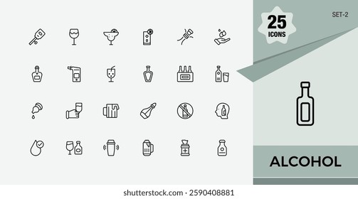 Alcohol icons. Includes thin line wine, restaurant, ice, juice, collection, brandy, shake and more. Set of line pictogram. Minimalist editable vector stroke.
