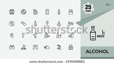 Alcohol icons. Includes thin line wine, restaurant, ice, juice, collection, brandy, shake and more. Set of line pictogram. Minimalist editable vector stroke.