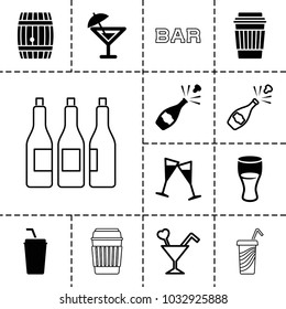 Alcohol icons. set of 13 editable filled and outline alcohol icons such as drink, wine glass, champagne, cocktail, barrel, bottle