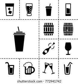 Alcohol icons. set of 13 editable filled alcohol icons such as barrel, cocktail, drink, wine glass, champagne, beer mug, soda