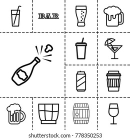Alcohol icons. set of 13 editable outline alcohol icons such as cocktail, bar, beer mug, drink, soda, champagne, cocktail, beer can