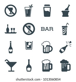 Alcohol icons. set of 16 editable filled alcohol icons such as cocktail, no alcohol, champagne, beer mug, wine bottle and glass, cocktail, beer, drink, bar, no drink, bottle