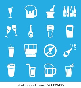 Alcohol icons set. set of 16 alcohol filled icons such as bottle, drink, clean wine glass, beer mug, champagne bottle with heart, champagne, cocktail, glasses clink